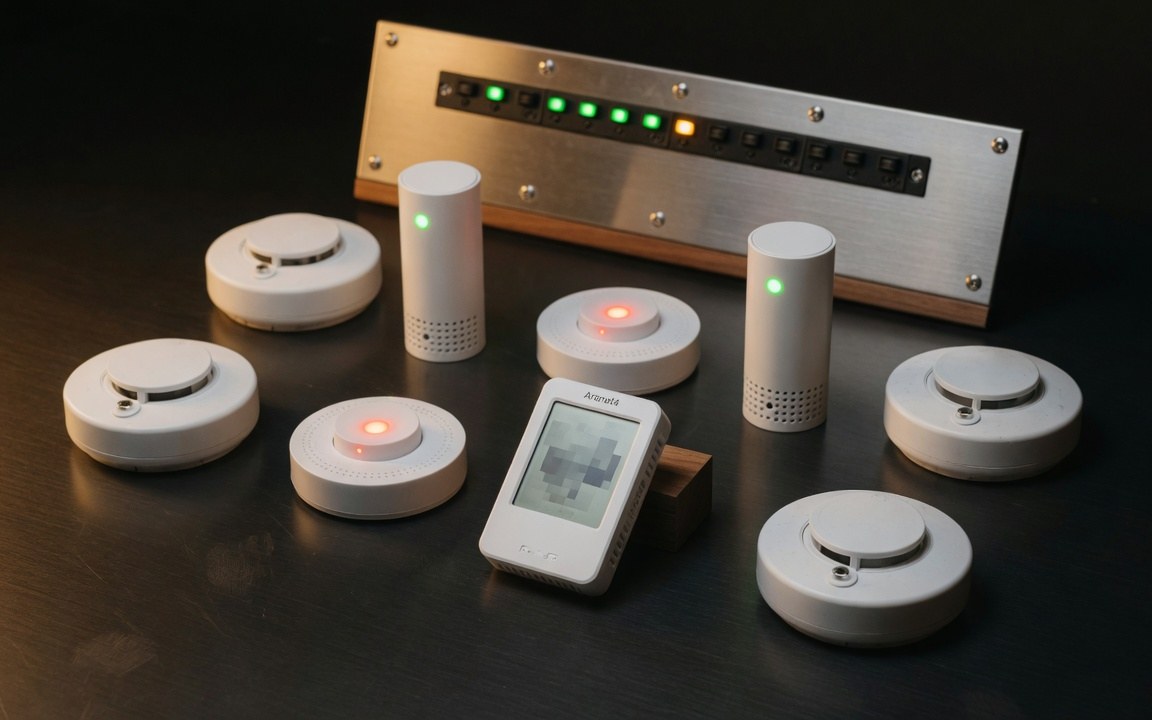 Consolidated detector control panel — brushed steel housing with LED indicator row for LPG, CO, smoke, CO2 sensors, walnut bezel, technician fingertip at terminal