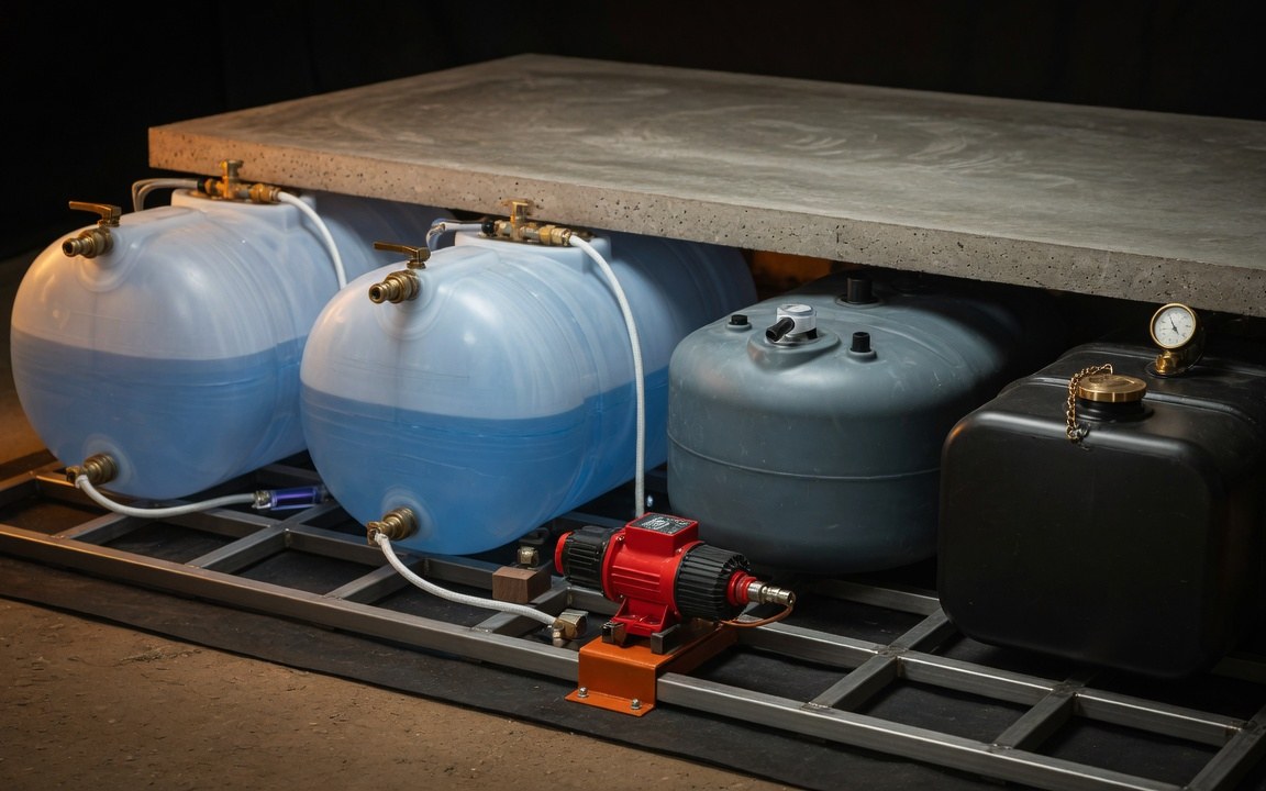 Underfloor tank assembly — twin 400 L HDPE fresh water tanks plus 250 L greywater and 200 L double-walled steel fuel tank, copper manifold piping, gauges above