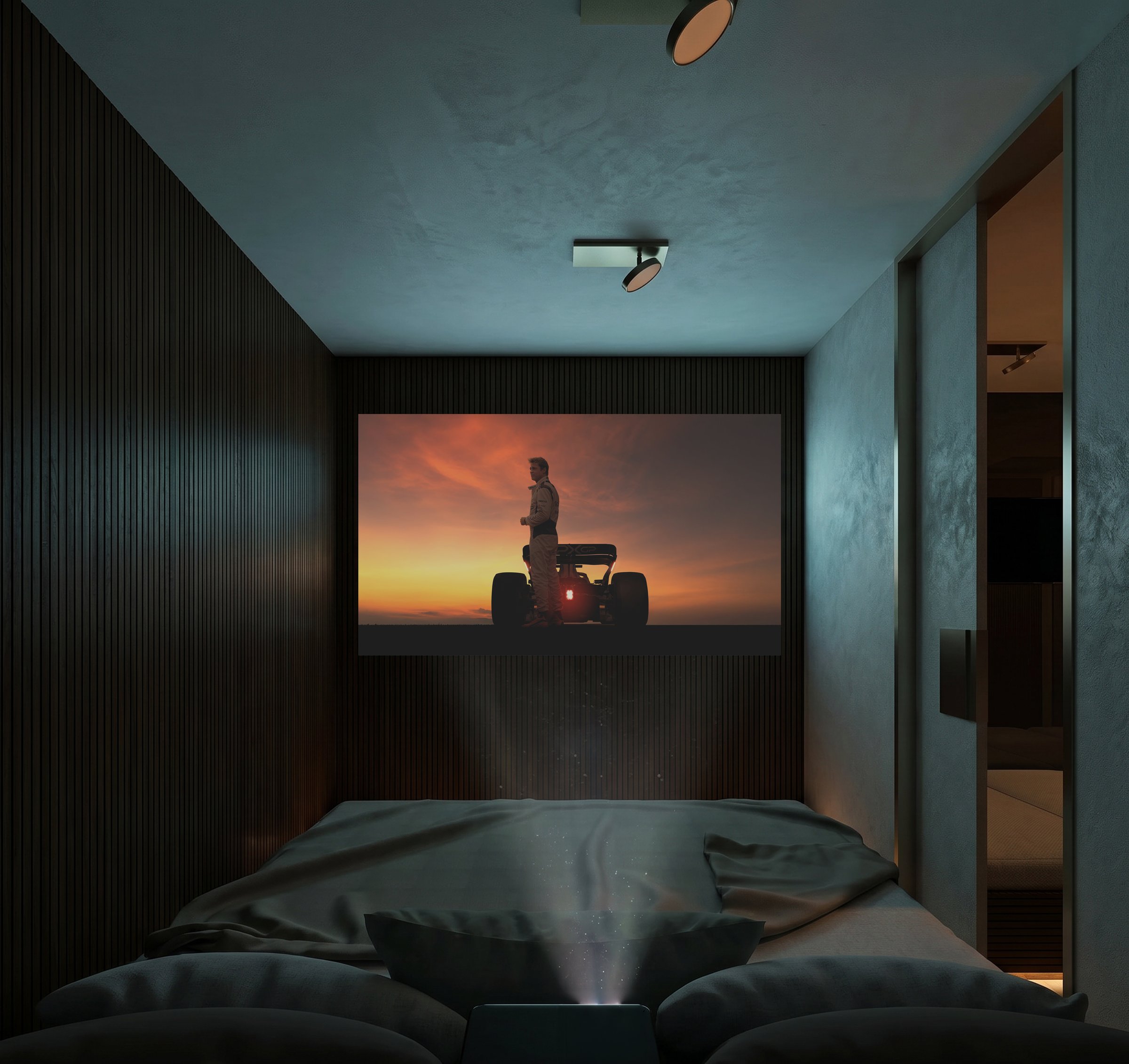 Queen bedroom in cinema mode — projection across the walnut wall