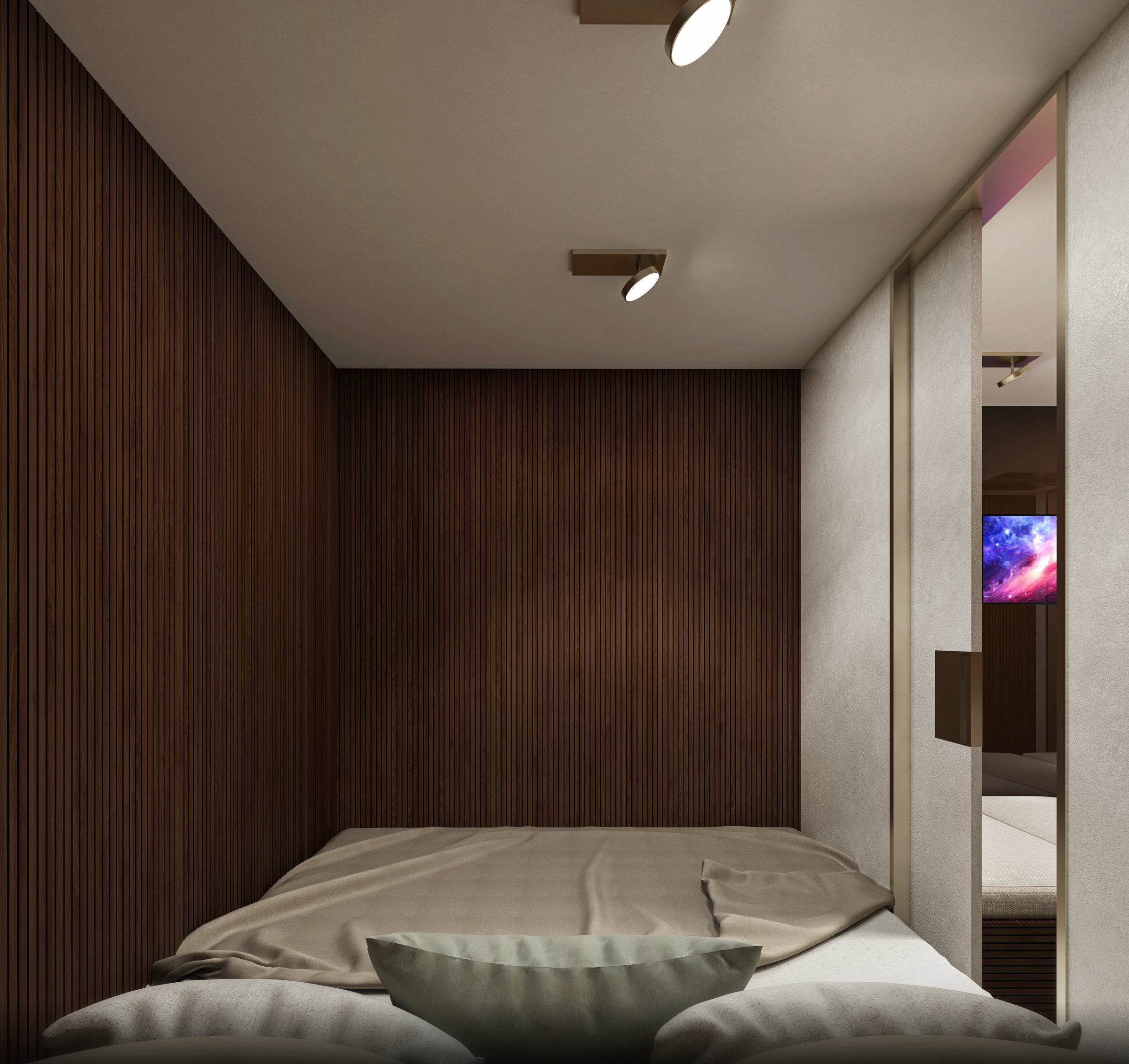 Queen bedroom by day, sliding microcement door open