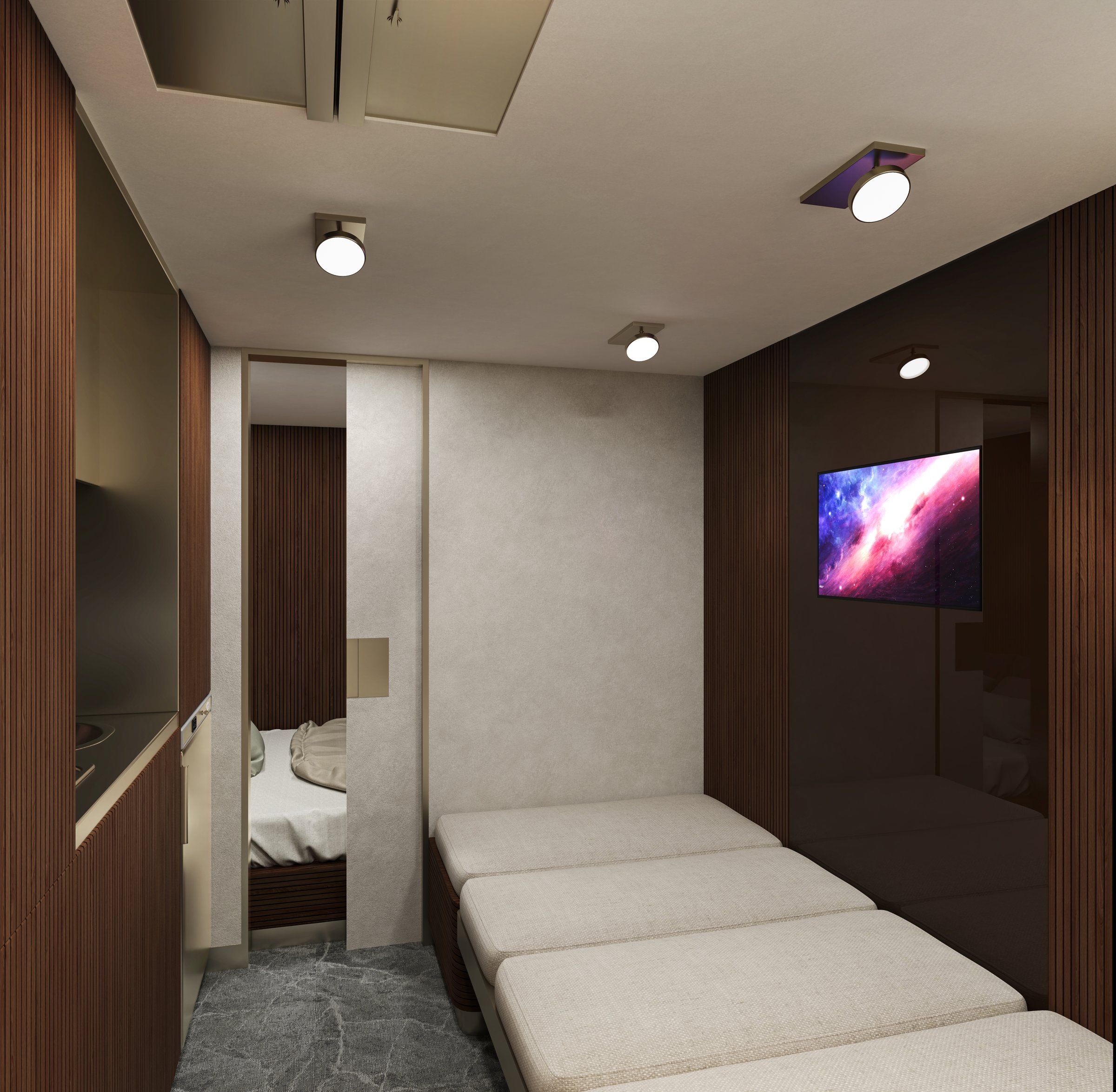 Dinette perspective by night — table dropped, sleeping platform formed