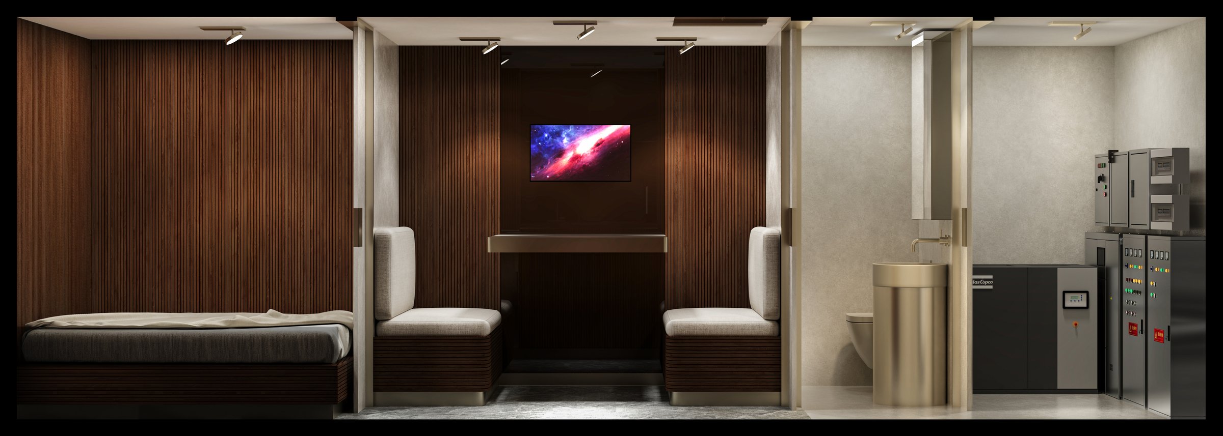 Long elevation in day mode — booth dinette, TV on, kids playing area