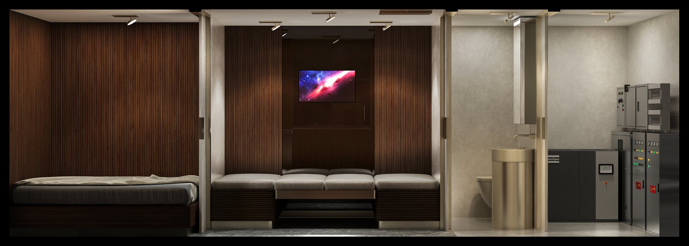 Long elevation in night mode — children's bed platform deployed across the dinette