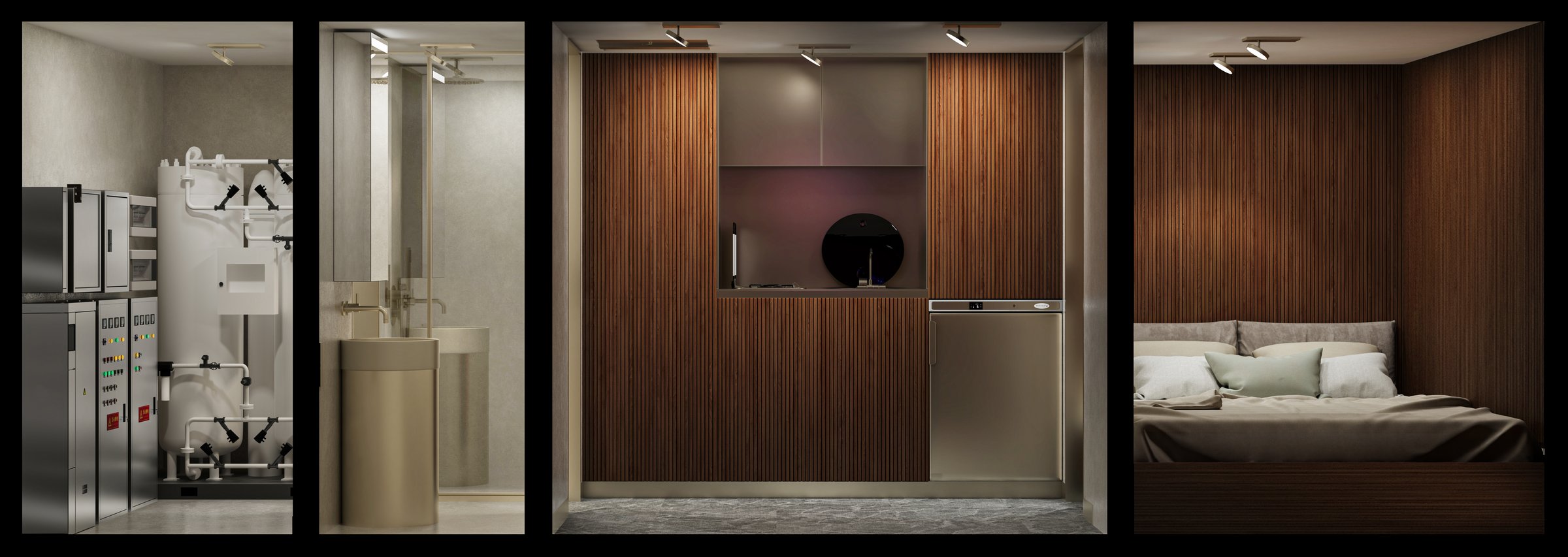 Elevation strip — technical, bath, kitchen, bedroom in one frame
