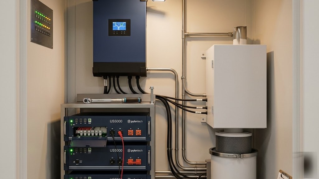 Pod tech bay during final commissioning: Pylontech battery stack with open BMS access panel, Victron inverter, Arconik NBC filter, brushed stainless detector controller panel, torque wrench and probe leads in mid-test