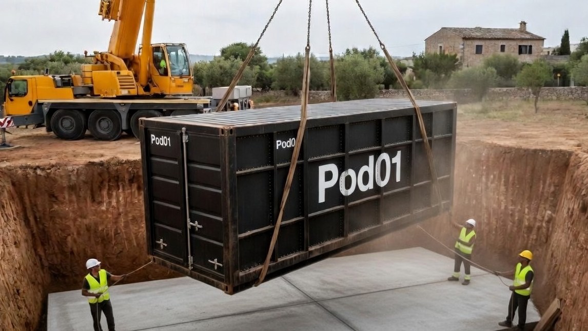 Yellow crane lowering Pod 01 container into excavated pit, Mediterranean farmhouse and olive groves in background